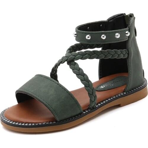 Rivets Kids Sandals For Girl Leather Beach Sandals Children Summer Shoe Princess Weaving Sandals 3 4 5 6 7 8 9 10 11 12 Year Old