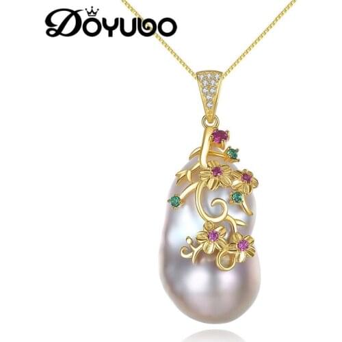 DOYUBO Luxury Women Large Irregular Baroque Pearl Pendant Necklace 925 Sterling Silver Freshwater Charms Necklace Jewelry VA247