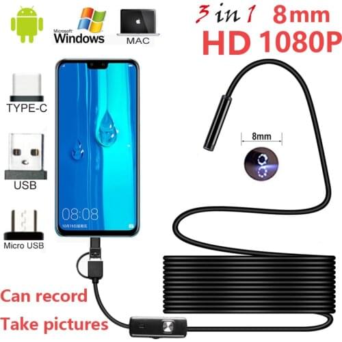 1080P HD Mini Android Endoscope Camera 1M 2M 5M 10M Micro USB/USB/Type C Inspection Video Camera Snake Borescope Tube 8mm lens