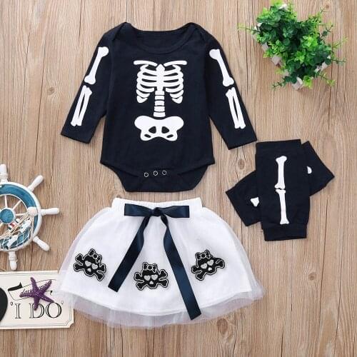 4Pcs Baby Girl Appliques Skull Clothes Set Newborn Clothing Infant Girls Bodysuit Romper+Tutu Skirt + Leggings Outfits Halloween