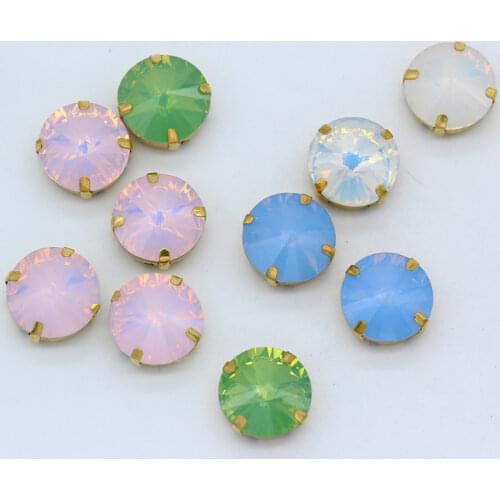 8-18mm Round Rivoli Opal color sew on glass stones Flat Back crystal rhinestones jewels Gold setting Beads For DIY Wedding Dress