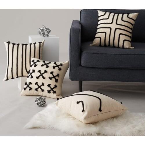 Home Decoration Rainbow Cushion Cover Black Stripe Pillow Cover Rope Embroidery Pink 45x45cm For Living Room Bed Room