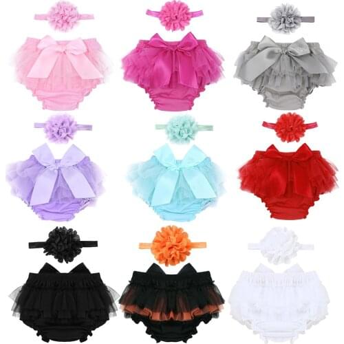 Newborn Infant Baby Girls Cotton Tulle Ruffle Bloomer Shorts Cute Baby Diaper Cover With Flower Headband Set Photography Props