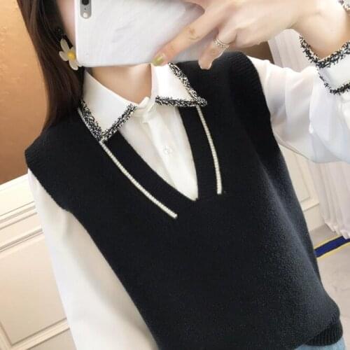 2021 Autumn Womens Knitted Vest Sweater Vest Loose Outside Simple Short Style To Show Thin Korean Girls' College Style Black