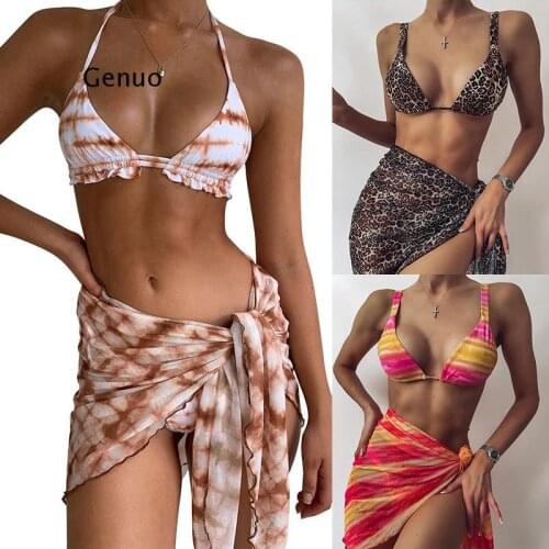Sexy 3 Piece Swimsuit Women Tie Dye Push Up Padded Biquini Brazilian Summer Bathing Suit Thong Bikini 2021 Swimwear Women Skirt