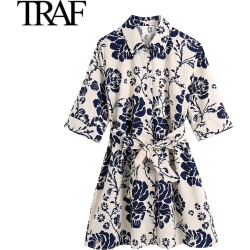 Traf Za Women Clothing Summer 2021 Short Sleeve Dresses Vintage Floral Print Chic Mini Dress Bandage Shirt Dress Boho Dress