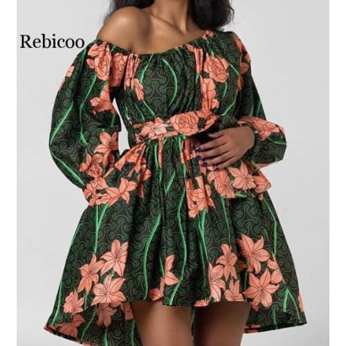 Off Shoulder Fashion African Dress for Women Floral Print New Robe Summer Party Tutu Vestidos Bazin Dashiki African Clothes