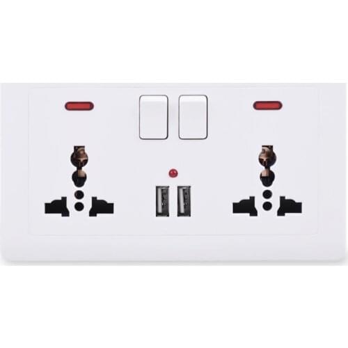 Power Socket 2 Gang Universal 3 Hole Switched Outlet With Neon 2.1A Dual USB Charger Port LED indicator 146mm*86mm