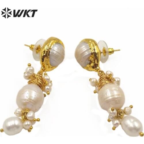 WT-MPE021 Vintage Bohe style freshwater pearl earring natural round pearl with brass wire wrapped earring gold trim pearl