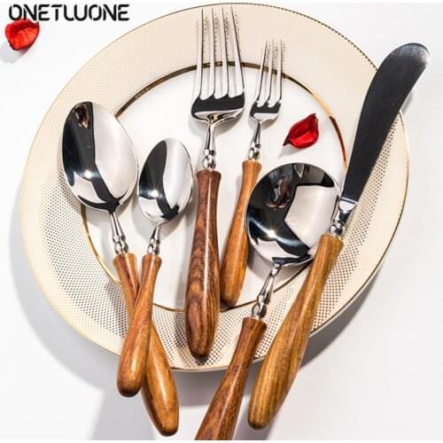 High-end Wooden Handle Tableware Set,304 Stainless Steel Metal Head, Easy to Clean,5-Piece Steak Cutlery set