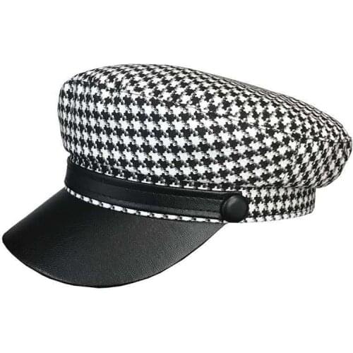 Women Vintage Hat Autumn Winter Fashion Plaid Octagonal Hats,Ladies Newsboy Caps PU Belt Visor Cap Black French Hat