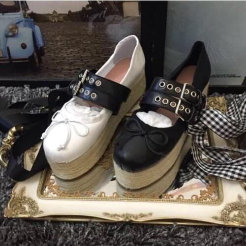 Carpaton Fashion Flat Platform Woman Shoes Round Toe Rope Braided lace-up Ballet Flats Girls Buckle Strap Casual Shoes Black