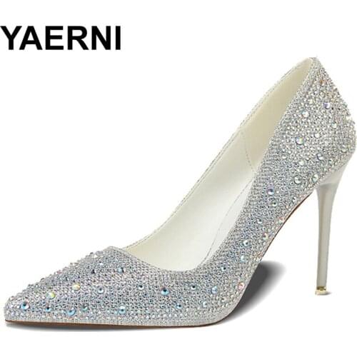 YAERNI Shoes Rhinestone Woman Pumps Fashion Wedding Shoes Women Basic Pump Stiletto Heels 10cm 7cm Heeled Shoes High Heels