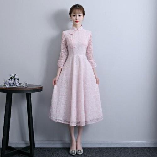 LZJN 2020 Spring Women Elegant Traditional Dress Chinese Cheongsam Long Chinese Dress Modern Lace Qipao Dress