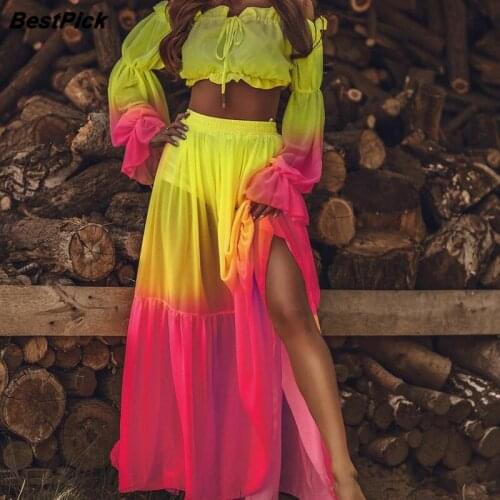 2021 New Tie Dye Two-piece Dresses Slash Neck Women Long Sleeve Crop Tops and Long Dresses Elegant Beach Dress