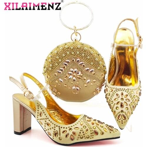 2020 Elegant Women Shoes and Bag to Match in Golden Color Italian Lady Shoes and Bag Decorate with Rhinestone for Wedding