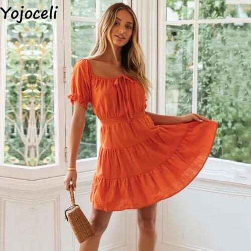 Yojoceli Elegant ruffle pleated short dress women Summer sexy beach bow dress Casual cool cute daily dress vestidos
