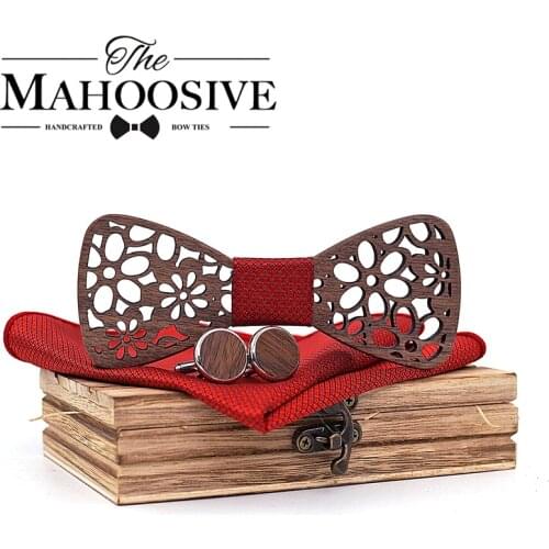 Formal Commercial Mens Bow Tie Man Marriage Wooden Bow Ties For Men wood Butterferfly with Cufflinks handkerchief bowtie Set