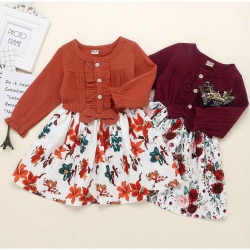 Spring Toddler Baby Clothes Kids Girls Autumn Dress Ruffles Long Sleeve Dress Floral Cotton Linen Casual Dress Children Clothes