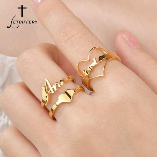 Letdiffery Personlized Heart Name Rings Gold Stainless Steel Women Custom Jewelry for Wife Girlfriend Engagement Gifts