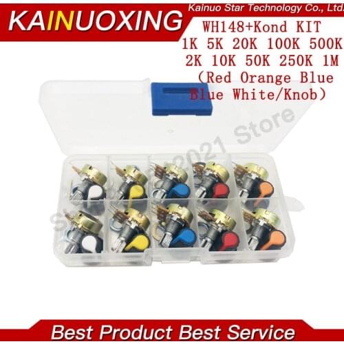 WH148 Potentiometer Kit B1K 2K 5K 10K 20K 50K 100K 500K 1M 15mm Linear Taper Rotary Potentiometer Resistor Set 3pin With Cap Box