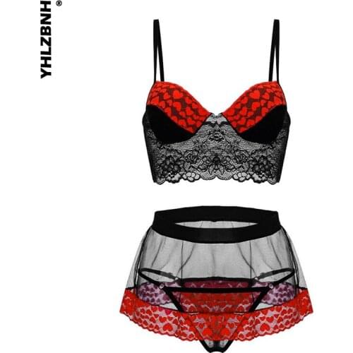 YHLZBNH Sexy Heart Ruffle Lingerie Mesh Bra and Panty Dress Set Womens Underwear Female 3 Piece Lingerie Transparent Bra Set