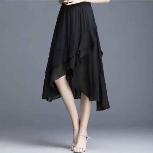 Korean High Waist Sexy Asymmetrical Skirt Fashion Evening Party Ruffles chiffon Skirts plus size office skirts 6XL 7XL black red