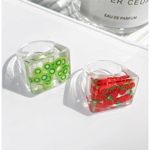Korean Fashion Smile Fruits Acrylic Transparent Rings For Women Girls Square Chunky Colorful Fruits Resin Ring Finger Jewelry