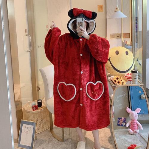 Red Sleepwear Robes Mid-Calf Coral Fleece Warm Thick Winter Wear Dress Hooded Woman Homewear Cute Bowknot Pockets Loose Pajamas