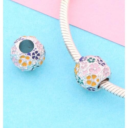 Leabyl Dropshipping HOT Colorful Bloom Flower Charm for Women Girl DIY Bracelet Bangle Multi-color Enamel Flower Round Beads