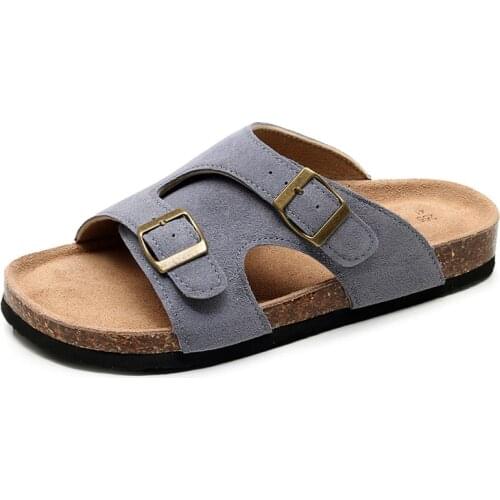 Summer Mens Cow Suede Leather Mule Clogs Slippers High Quality Soft Cork Two Buckle Slides Footwear For Men Women Unisex 35-46