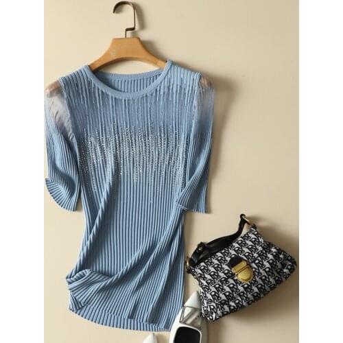 Summer New 2021 Beaded Women T-Shirts Solid Slim Elastic Shine Elegant Office Lady Pulls Female Tops