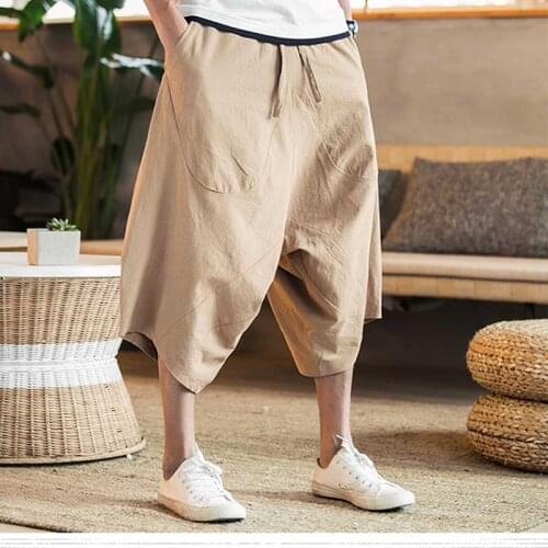 Fashion new style Mens wide crotch harem pants loose summer large cropped trousers wide-legged bloomers Chinese style flaxen ba