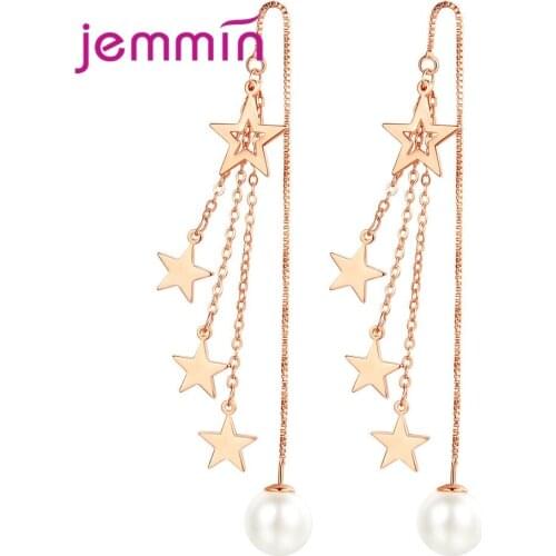 Trendy Rose Gold Color Five-pointed Star Pearl Drop Earrings Long Tassel Pierced Ear 925 Sterling Silver Party Jewelry