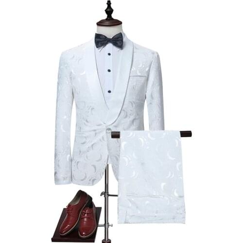 Fashion White Rose Floral Jacquard 2 Piece Suit (Jacket+Pants) One Button Shawl Lapel Wedding Prom Tuxedo Suit Men Costume Homme