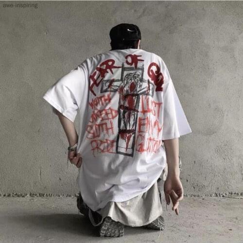 Short-sleeved Mens Summer New Ins Dark Cross Graffiti Printing Students Cool Loose Couple Clothes Men and Women Trend Fashion