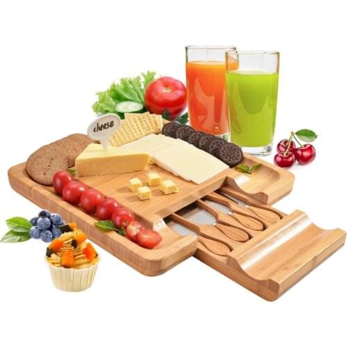 Bamboo Cheese Board Cutlery Knif Set With Slide Out Drawer 4 Knives Sets Cooking Tools Cheese Knife Cheese Slicer Fork Scoop Cut