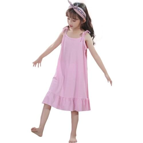 NightDress Age For 4 - 12 Years Baby Girls Pajama Party Family Clothes 2021 New Summer Sleeveless Sling Dress Kids Pink Frocks