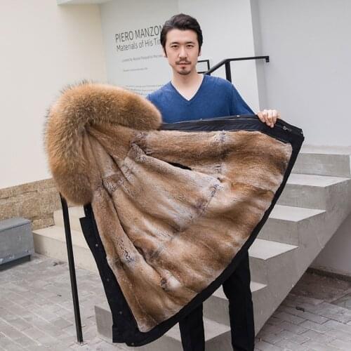 2019 New Style gentlemens natural fur parka real fur coat thick warm winter detachable rabbit fur lining fox fur collar