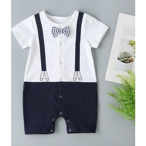 2020 childrens new summer baby boy treasure white fight Tibetan blue gentleman bow tie short-sleeved cotton one-piece romper