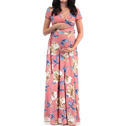 New fashion sexy pregnant women dress v-neck short-sleeve belt stitching print women long pregnant comfortable dress