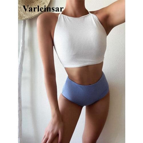 New Lace Up High Neck High Waist Bikini Female Swimsuit Women Swimwear Two-pieces Bikini set Bather Bathing Suit Swim Lady V2725