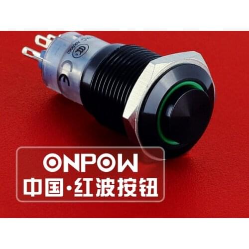 ONPOW 16mm Momentary High round 12V,24V,110V,220V Ring LED Black aluminium Alloy Push Button Switch (LAS2GQH-E/A) CE,RoHS
