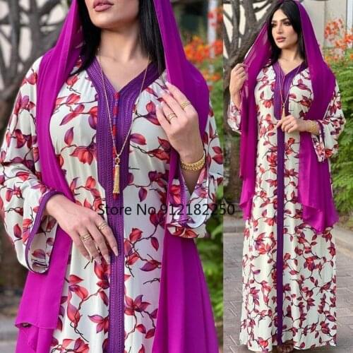 Middle Eastern Muslim Womens Hijab Dress Purple Printed Abaya 2021 Dubai Oman Arabic Robe Southeast Asian Clothing New