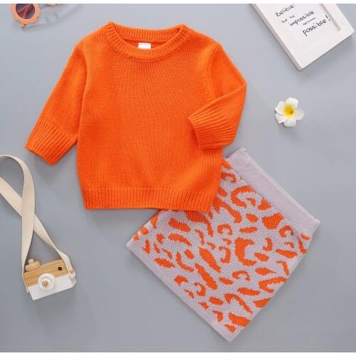 2-6Years Girls Casual Two-piece Clothes Set Orange Solid Color Pullover and Elastic Waist Knitted Skirt