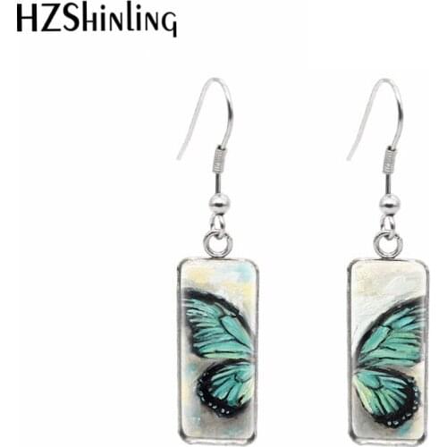 Retro Butterfly Flower Paintings Glass Cabochon Rectangular Hook Earrings Dangle DropJewelry for Girls