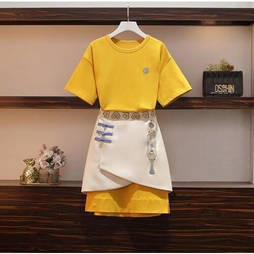 Casual women yellow suit dress 2021 summer new fashion Chinese style embroidery O neck long T shirt top and irregular skirt sets