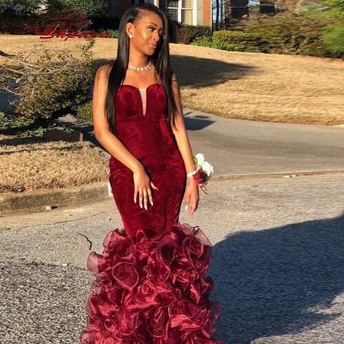 Sexy Long Mermaid Evening Dresses Party Burgundy Velvet Corset Plus Size Women Girl African Prom Formal Dresses Evening Gown