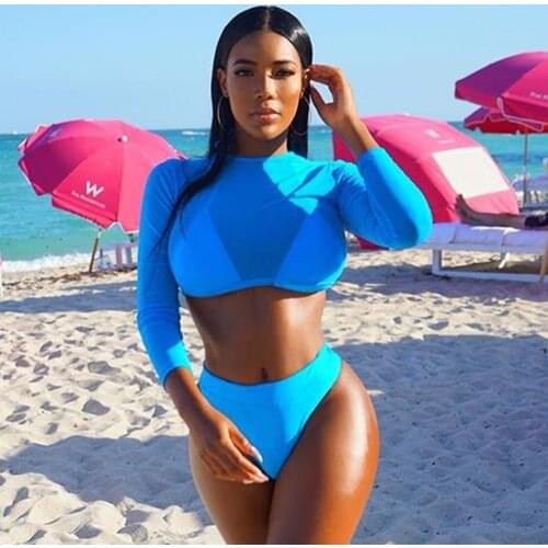 Sexy Mesh Three Pieces Bikini Set 2021 New Long Sleeve Swimwear Women Swimsuit Female Plus Size Bikini Bather Bathing Suit Beach