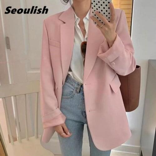 Seoulish New 2021 Autumn Pink Womens Blazers Single Breasted Jackets Fashionable Vintage Oversize Elegant Office Tops Pockets